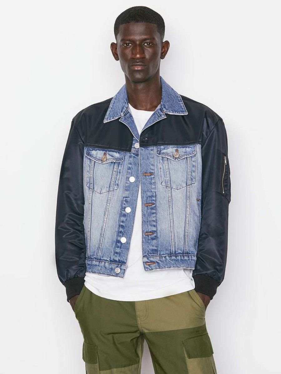 Men * | Brand New Frame-Denim Denim And Nylon Bomber — Blue Indigo/Noir Nylon Blue Indigo+Noir Nylon