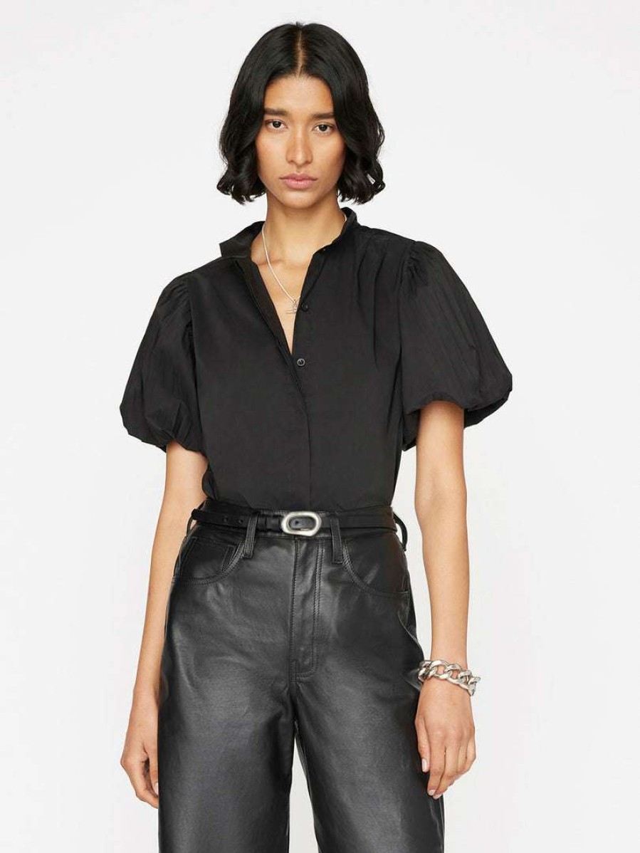 Women * | Promo Frame-Denim Women Pleated Puff Sleeve Top — Noir