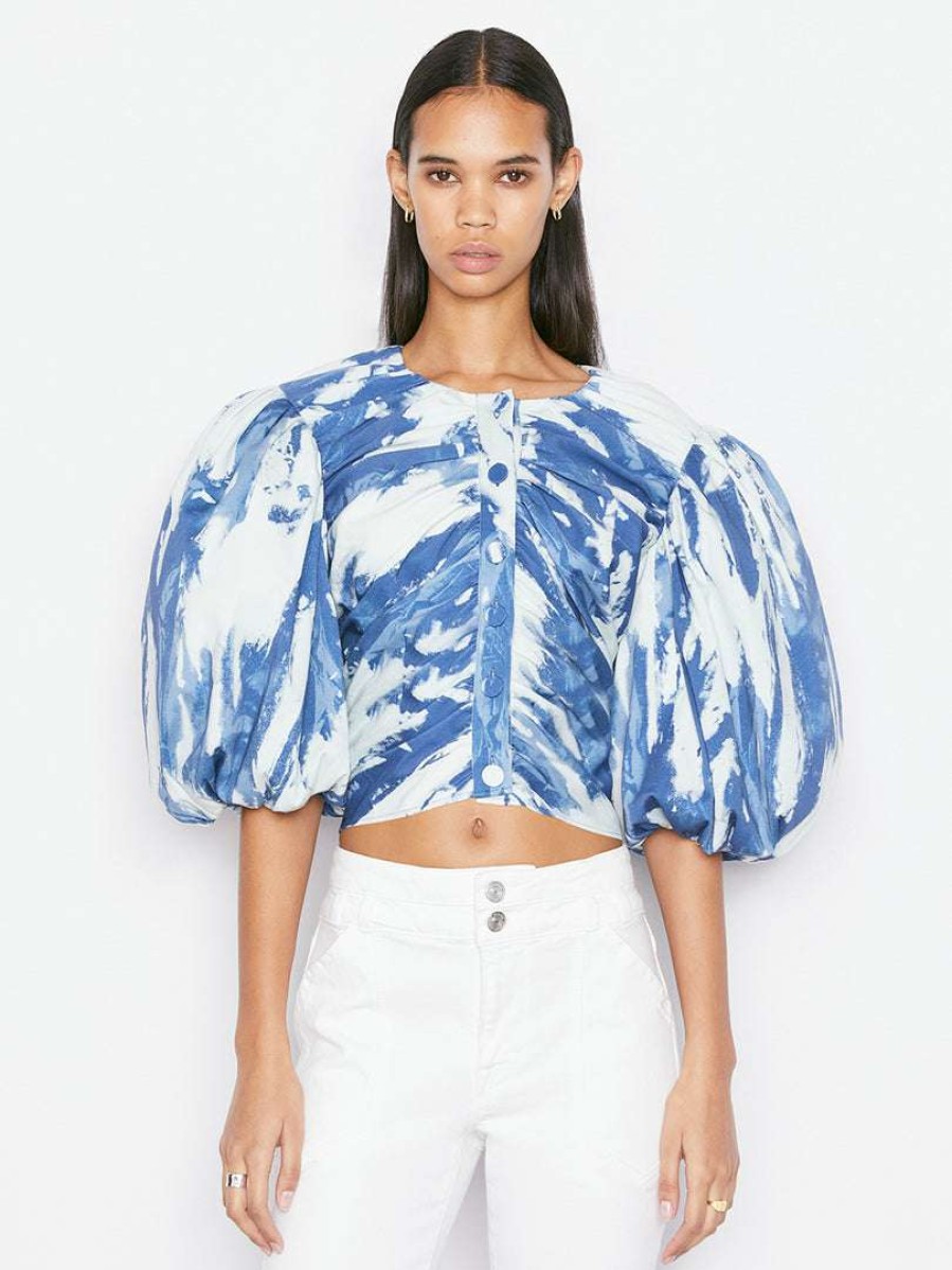 Women * | Best Deal Frame-Denim Gathered Puff Sleeve Top — Women Indigo Multi