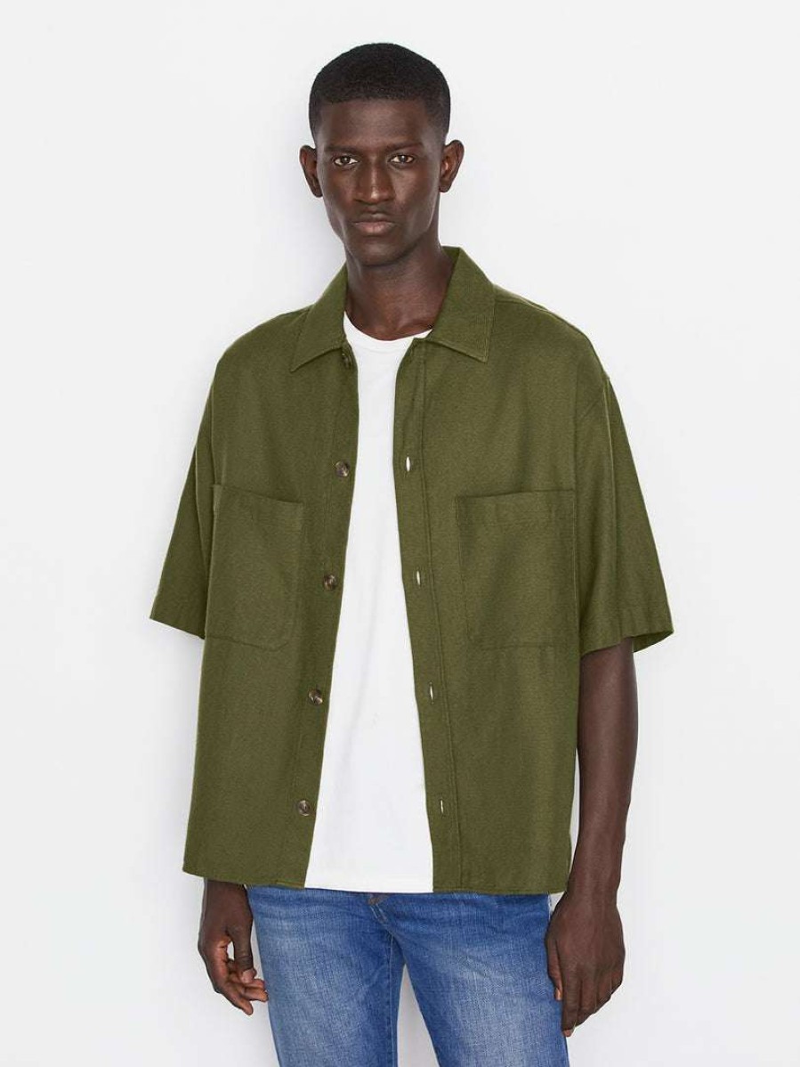 Men * | Flash Sale Frame-Denim Short Sleeve Woven Shirt — Rifle Green