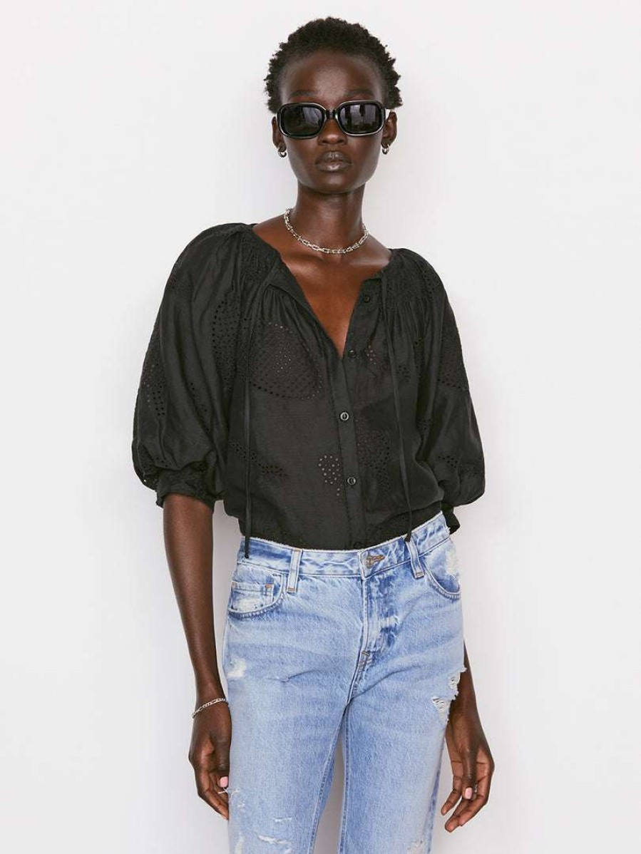 Women * | New Frame-Denim Eyelet Puff Sleeve Shirt — Noir