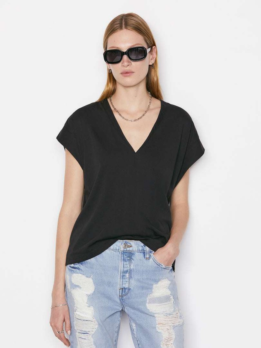 Women * | Top 10 Frame-Denim Women Le Mid Rise V Neck Tee — Noir