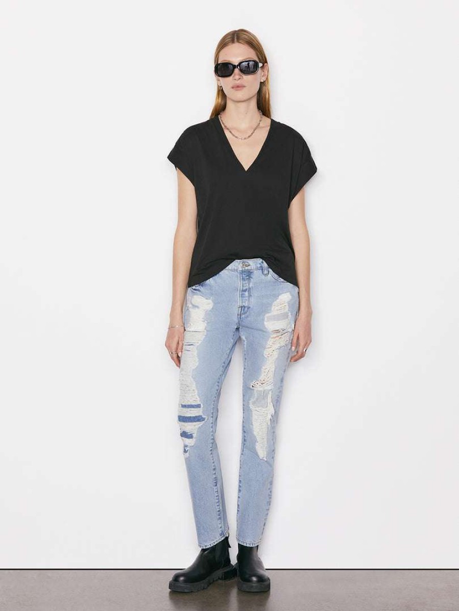 Women * | Top 10 Frame-Denim Women Le Mid Rise V Neck Tee — Noir