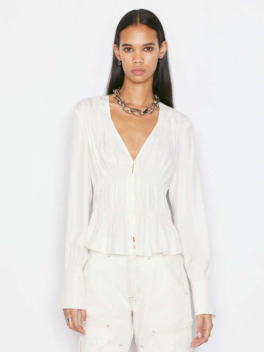 Women * | Flash Sale Frame-Denim Ruched V-Neck Blouse — Women Blanc