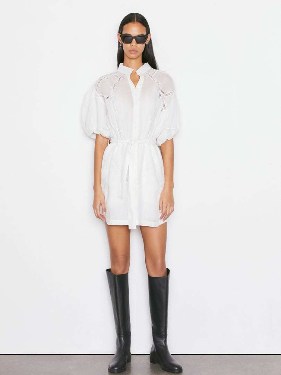 Women * | Promo Frame-Denim Women Inset Lace Puff Sleeve Dress — Blanc