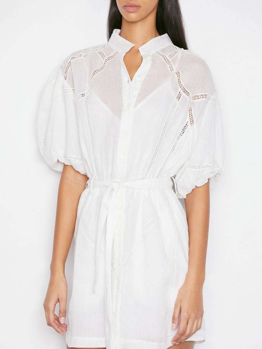 Women * | Promo Frame-Denim Women Inset Lace Puff Sleeve Dress — Blanc