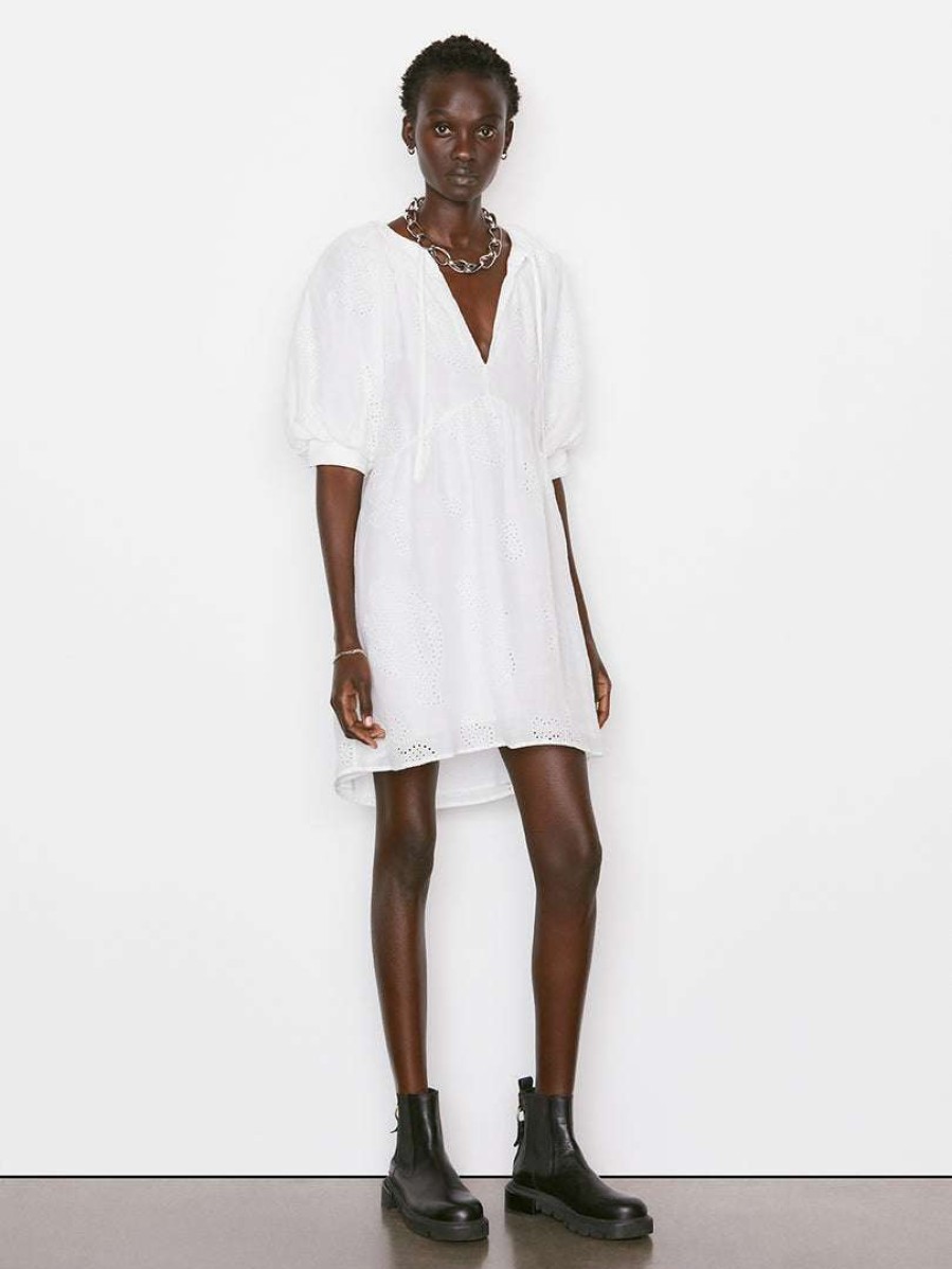 Women * | Best Sale Frame-Denim Eyelet Puff Sleeve Dress — Blanc