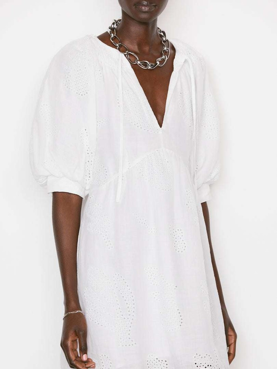 Women * | Best Sale Frame-Denim Eyelet Puff Sleeve Dress — Blanc