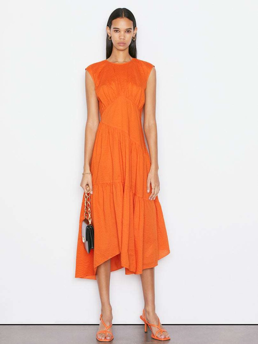 Women * | Buy Frame-Denim Gathered Seam Dress — Orange Crush