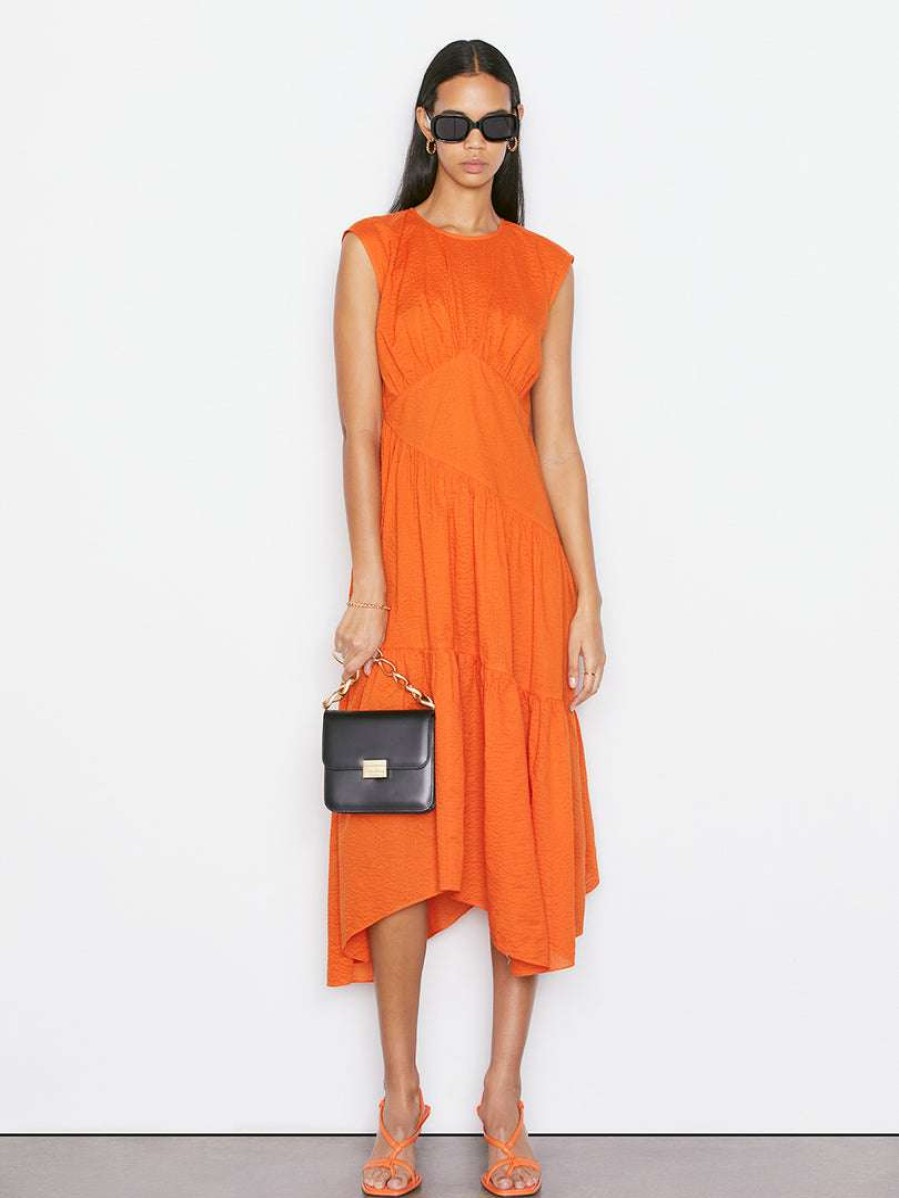 Women * | Buy Frame-Denim Gathered Seam Dress — Orange Crush