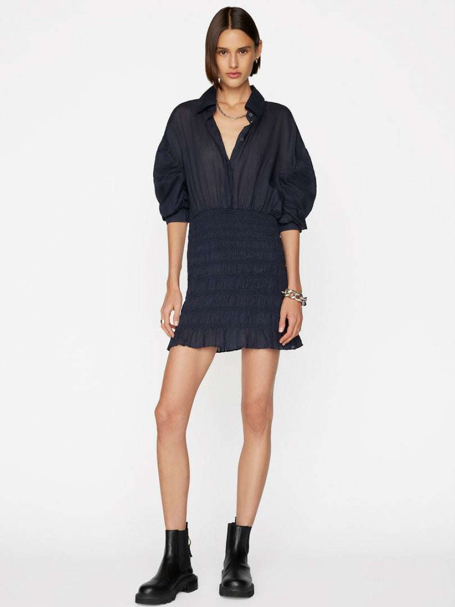 Women * | Buy Frame-Denim Smocked Shirt Dress — Women Navy