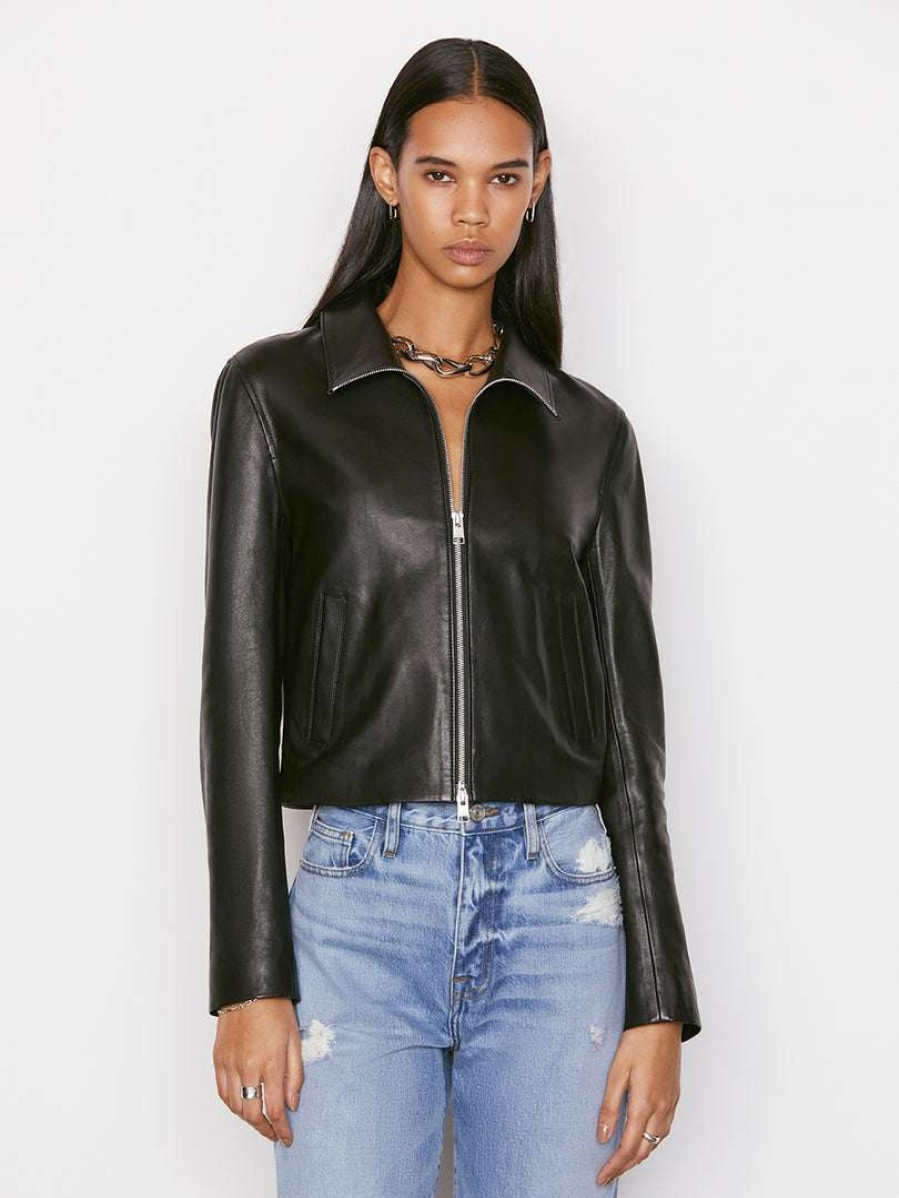 Women * | Coupon Frame-Denim Exposed Zip Leather Jacket — Women Noir