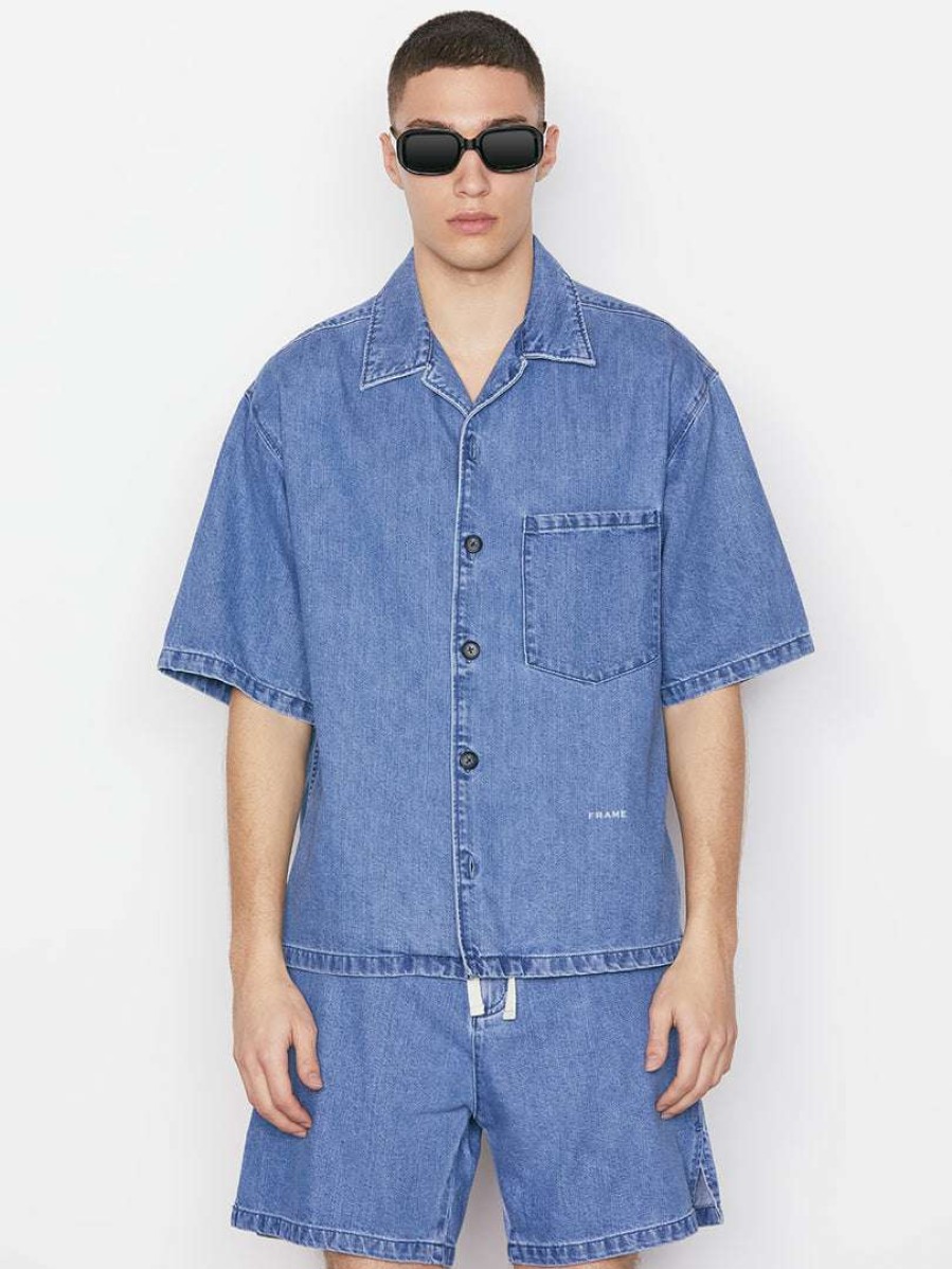 Men * | Cheapest Frame-Denim Short Sleeve Silk Denim Shirt — Men Blue Jean