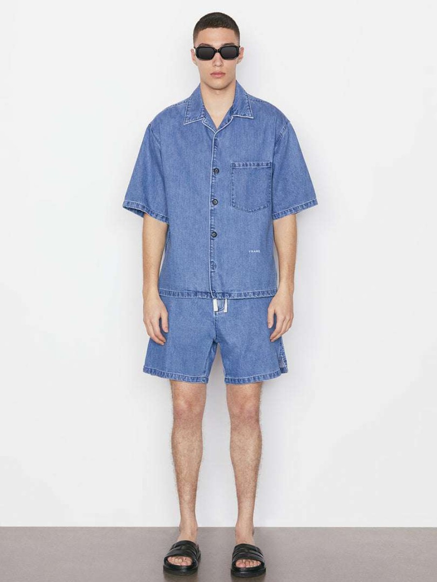 Men * | Cheapest Frame-Denim Short Sleeve Silk Denim Shirt — Men Blue Jean