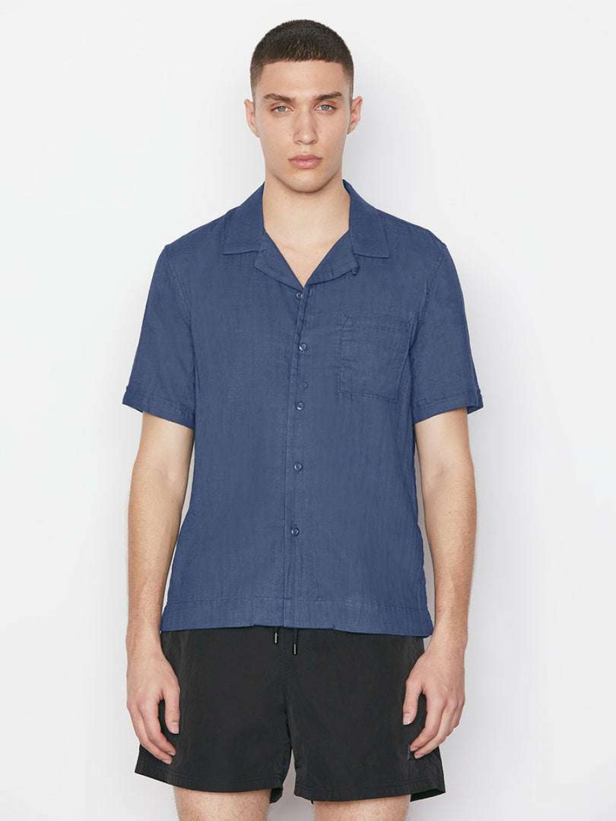 Men * | Best Deal Frame-Denim Men Short Sleeve Camp Collar Shirt — Navy