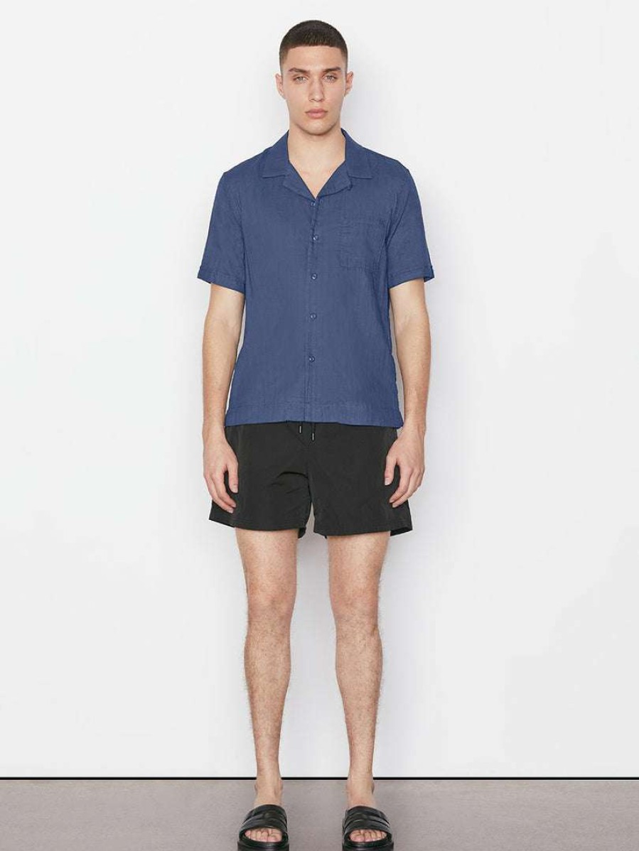 Men * | Best Deal Frame-Denim Men Short Sleeve Camp Collar Shirt — Navy