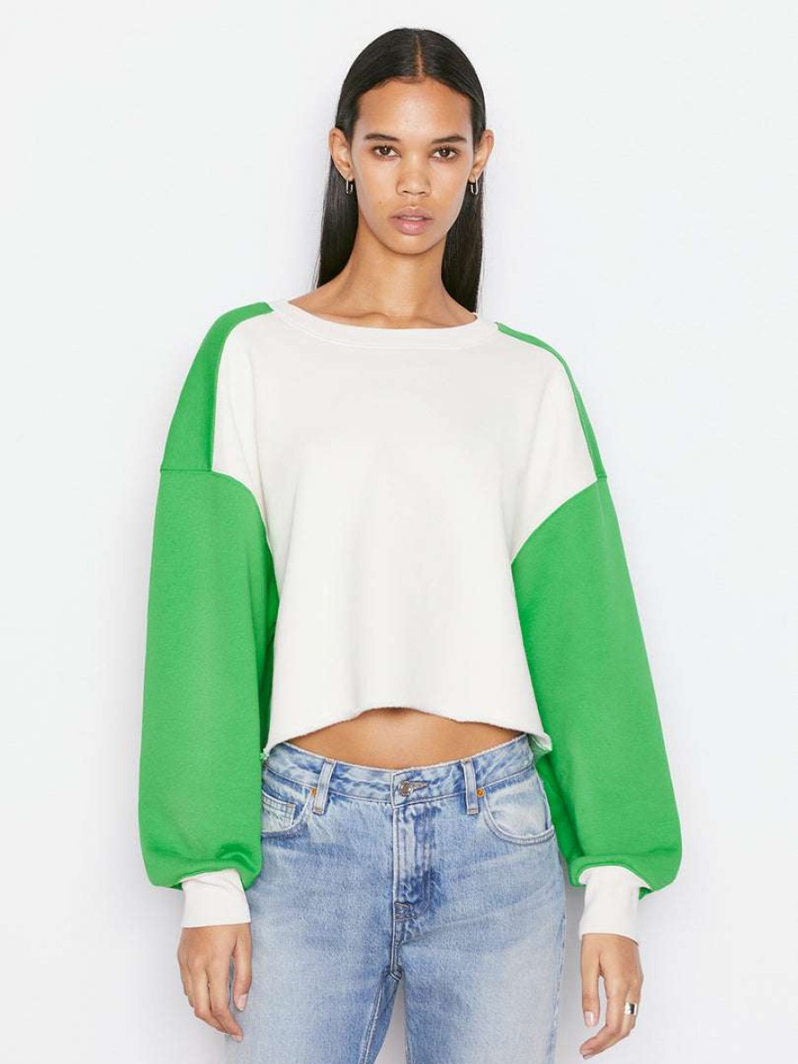 Women * | Flash Sale Frame-Denim Cropped Oversized Crew — Women Grass Green Multi