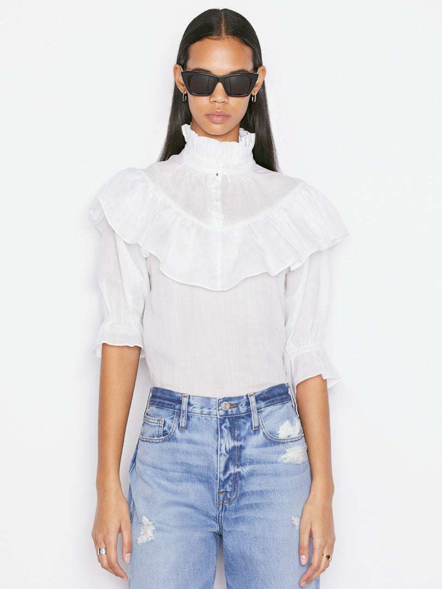 Women * | Best Deal Frame-Denim Women Ruffle Flounce Top — Blanc