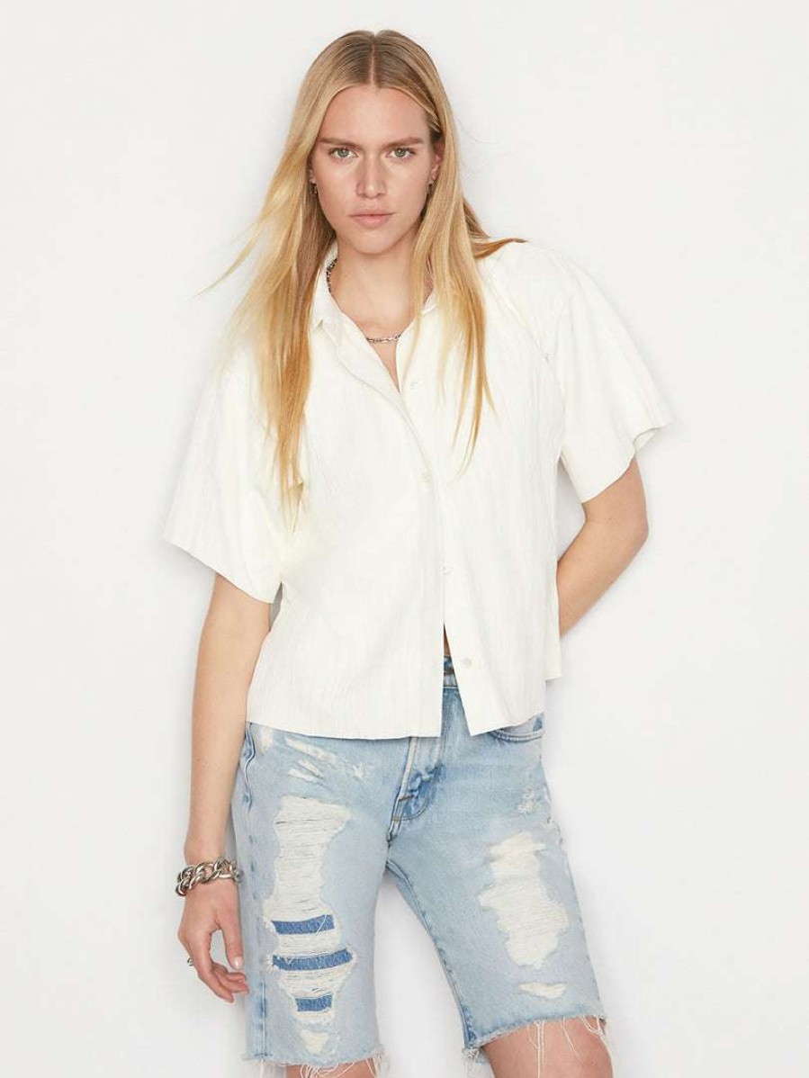 Women * | Flash Sale Frame-Denim Pleated Leather Lounge Shirt — Bone