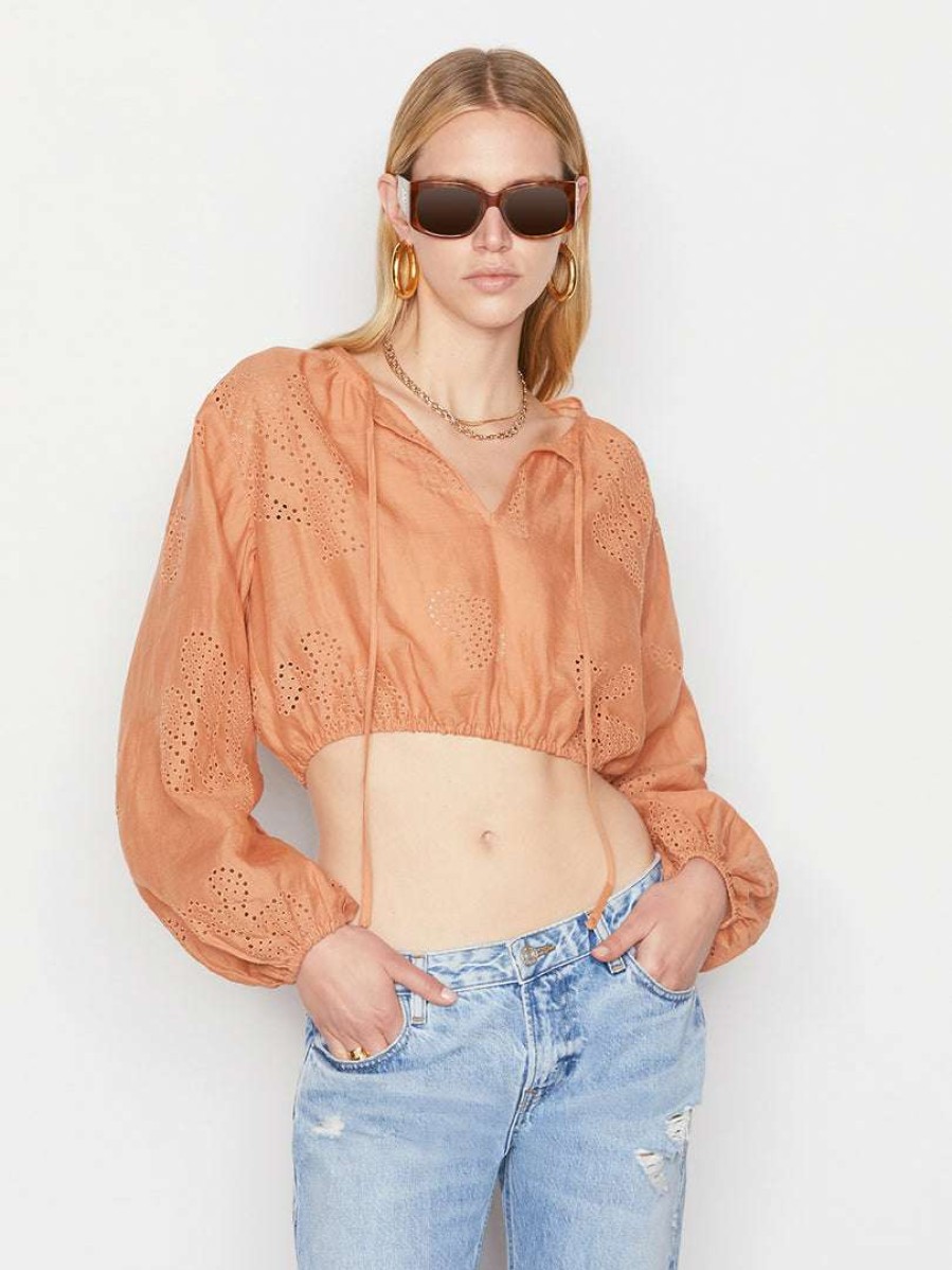 Women * | Top 10 Frame-Denim Women Shirred Crop Eyelet Blouse — Terracotta