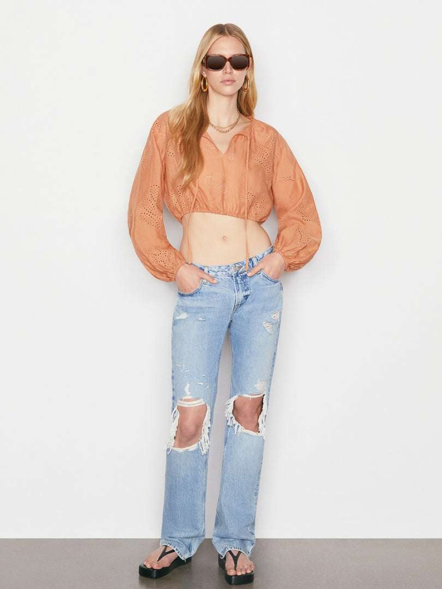 Women * | Top 10 Frame-Denim Women Shirred Crop Eyelet Blouse — Terracotta