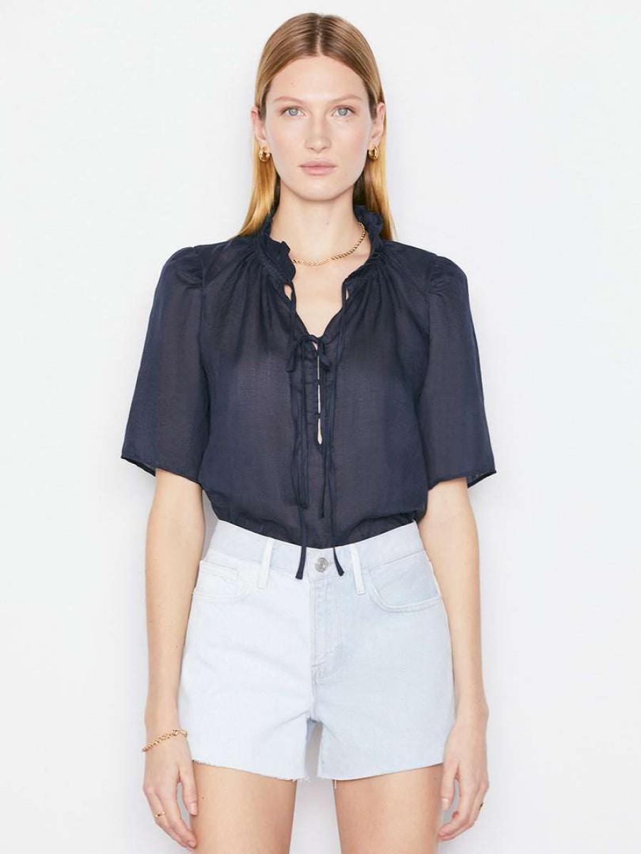 Women * | Budget Frame-Denim Tie-Neck Ruffle Popover — Navy