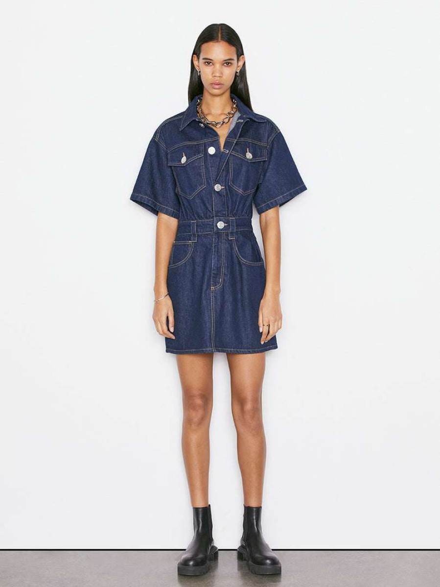 Women * | Buy Frame-Denim Women Oversized Button Detail Denim Dress — Rinse