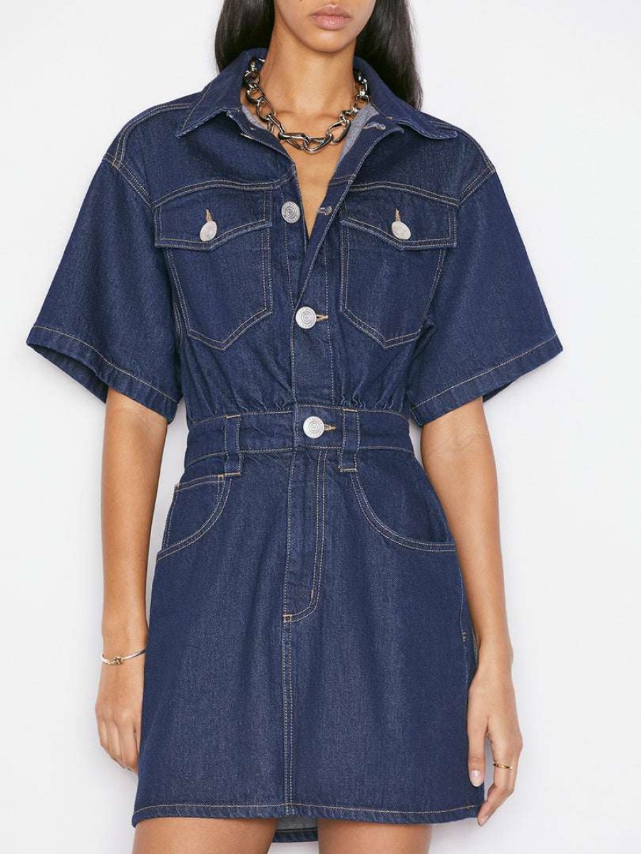 Women * | Buy Frame-Denim Women Oversized Button Detail Denim Dress — Rinse