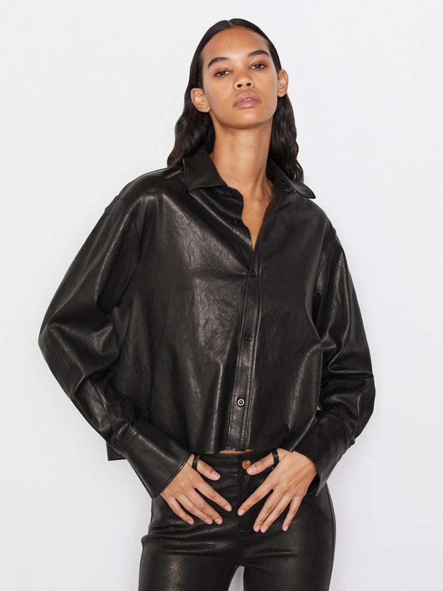 Women * | New Frame-Denim The Cutoff Oversized Leather Shirt — Noir