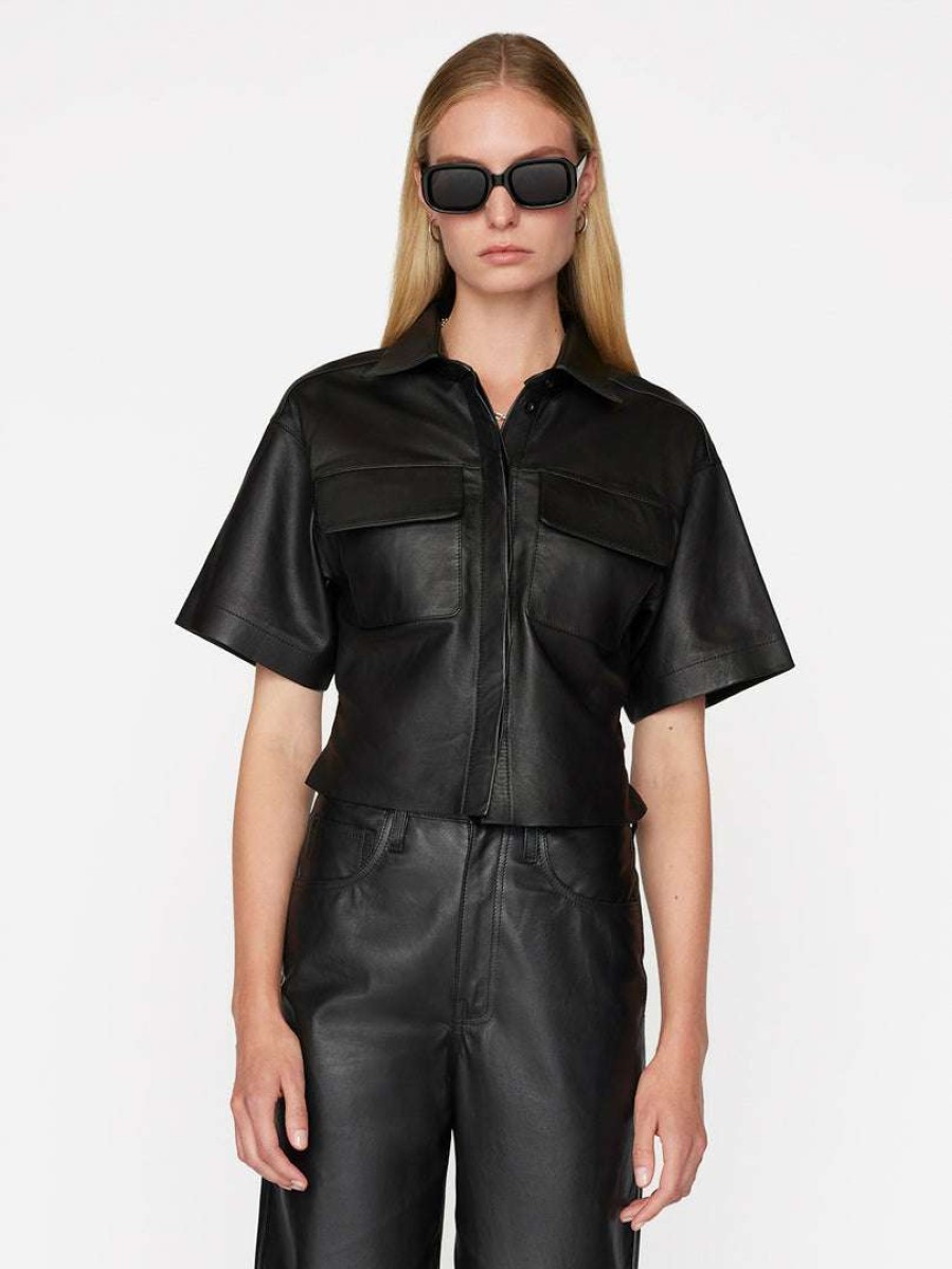 Women * | New Frame-Denim Women Leather Safari Shirt — Noir