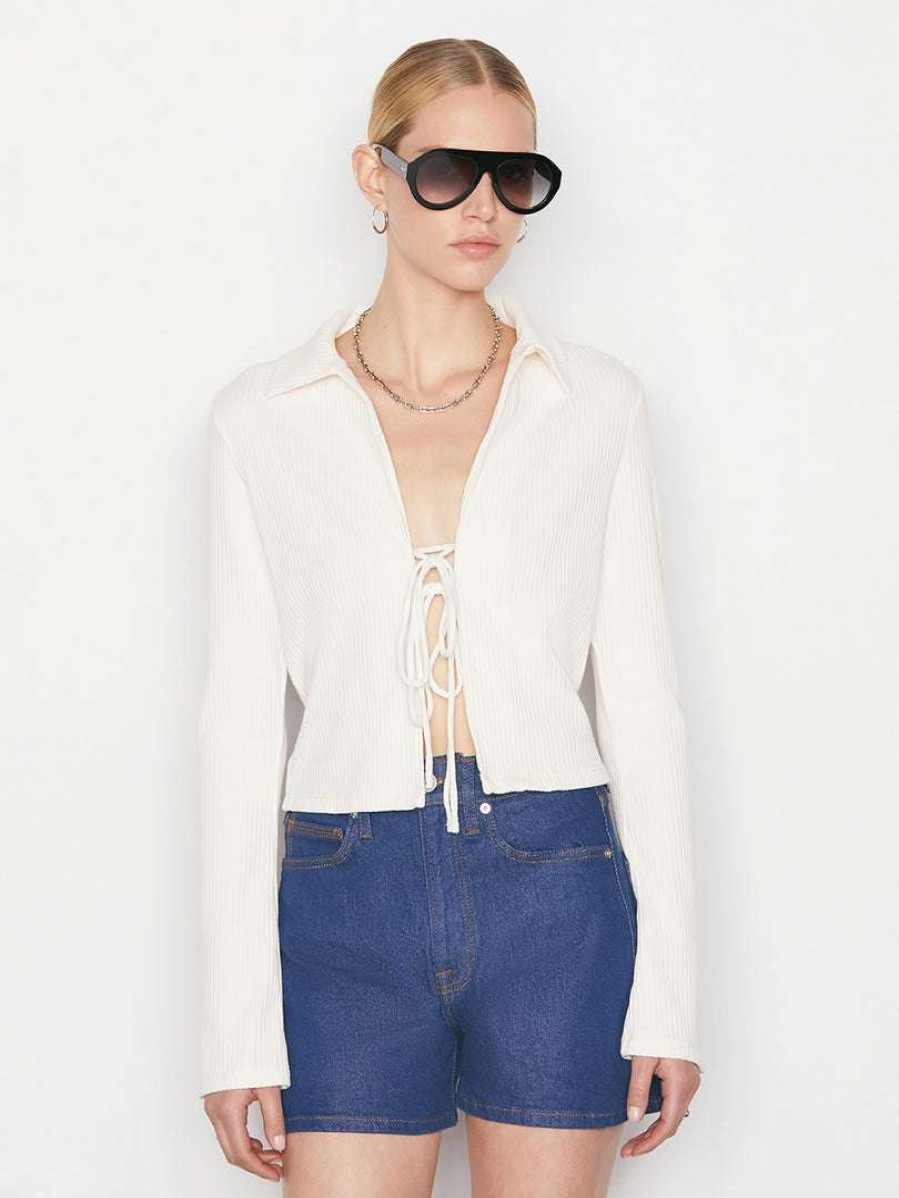 Women * | New Frame-Denim Women Bell Sleeve Rib Polo — Bone