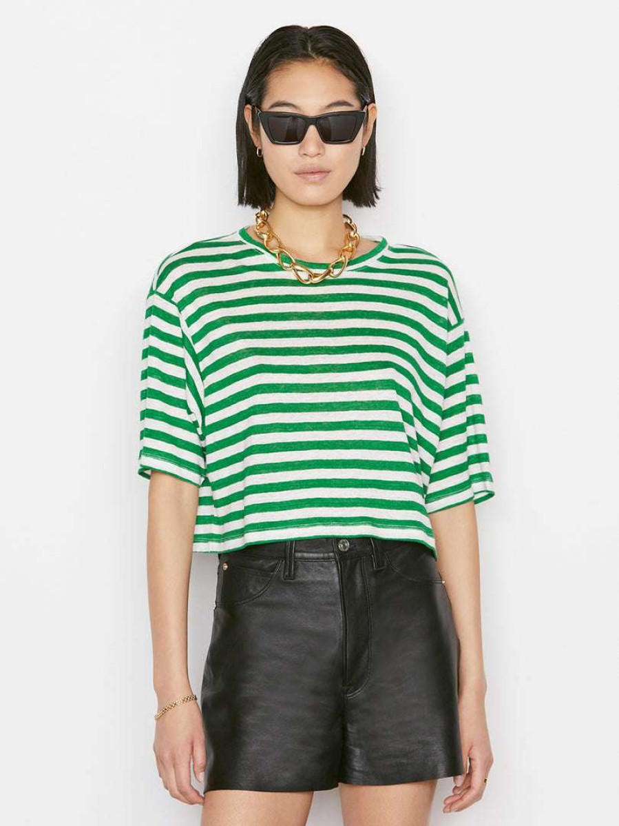 Women * | Best Reviews Of Frame-Denim Women Striped Boxy Crop Tee — Court Green Multi