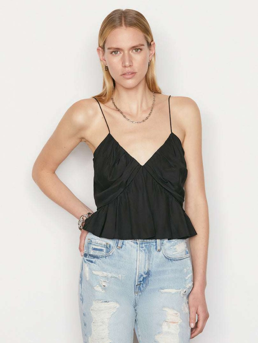 Women * | Top 10 Frame-Denim Shirred Flounce Tank — Women Noir