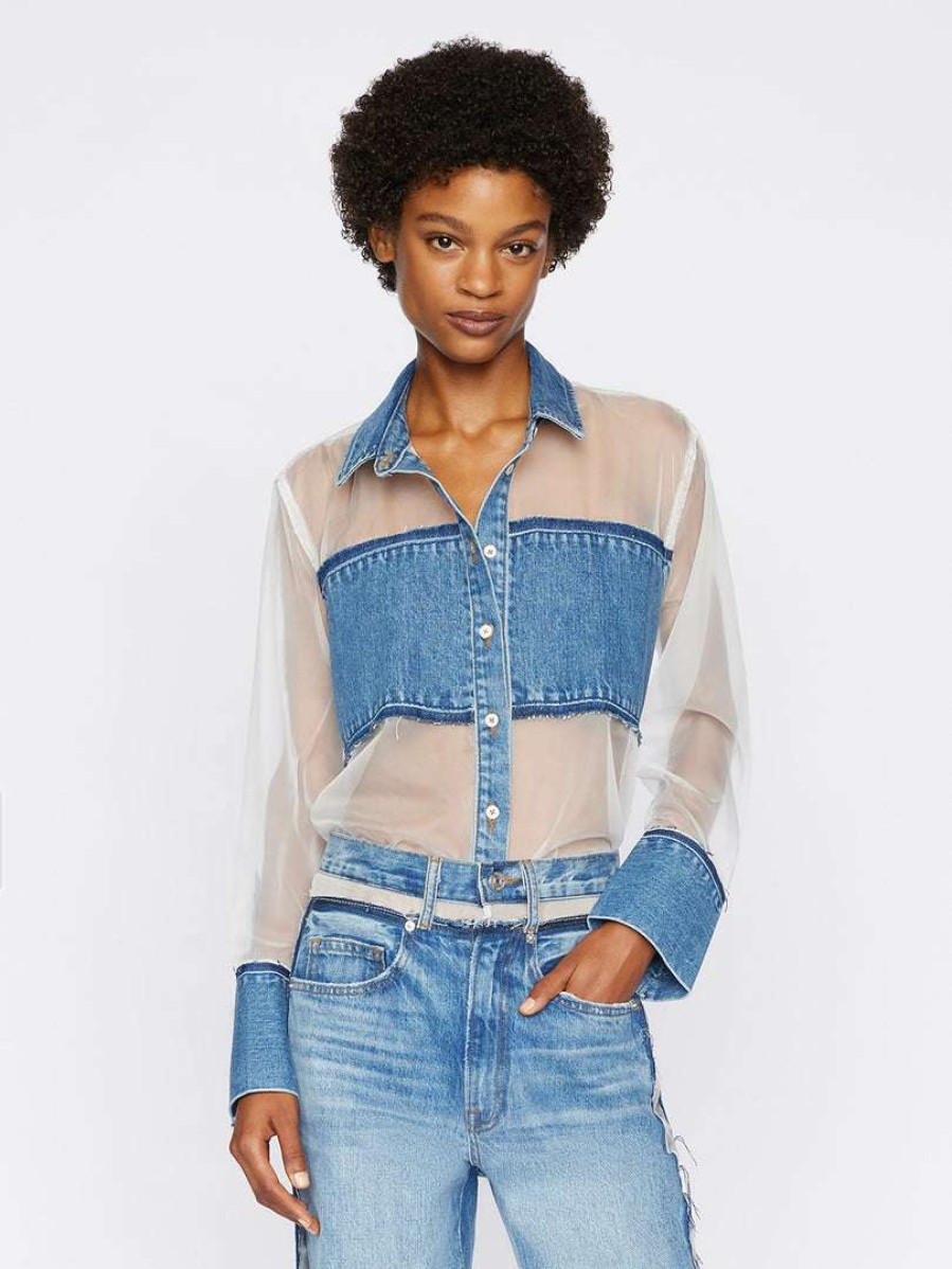 Women * | Wholesale Frame-Denim Atelier Sheer Insert Shirt — Women Azul