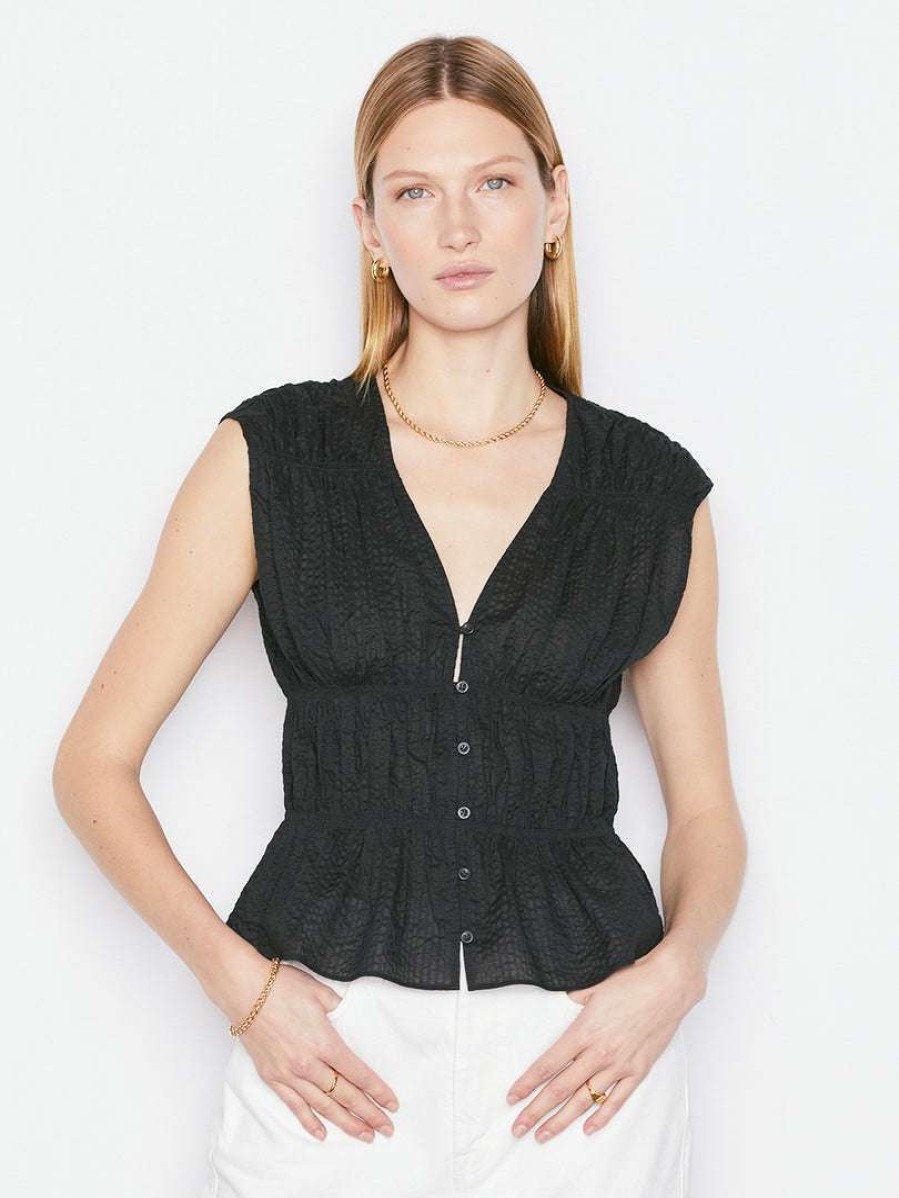 Women * | Top 10 Frame-Denim Ruched V-Neck Sleeveless Blouse — Noir