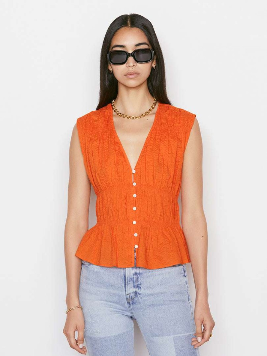 Women * | Best Sale Frame-Denim Women Ruched V-Neck Sleeveless Blouse — Orange Crush