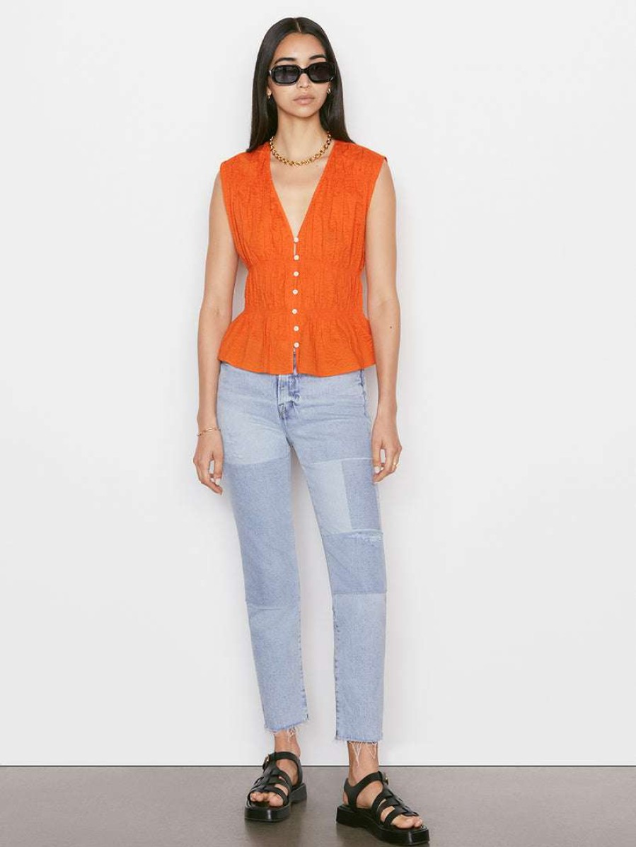 Women * | Best Sale Frame-Denim Women Ruched V-Neck Sleeveless Blouse — Orange Crush