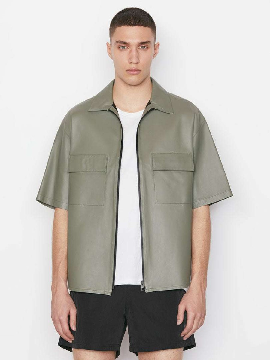 Men * | Cheap Frame-Denim Modern Leather Short Sleeve Zip Shirt — Men Grey Green